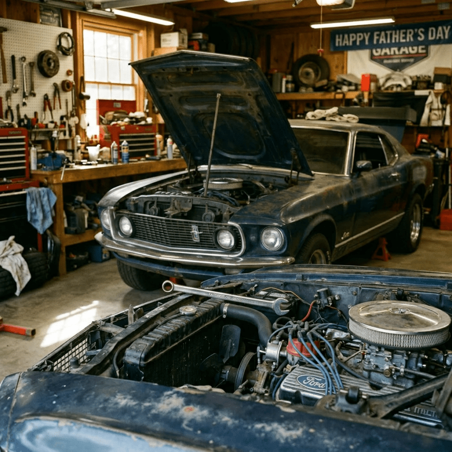 Father and son working together on a car engine in a garage
